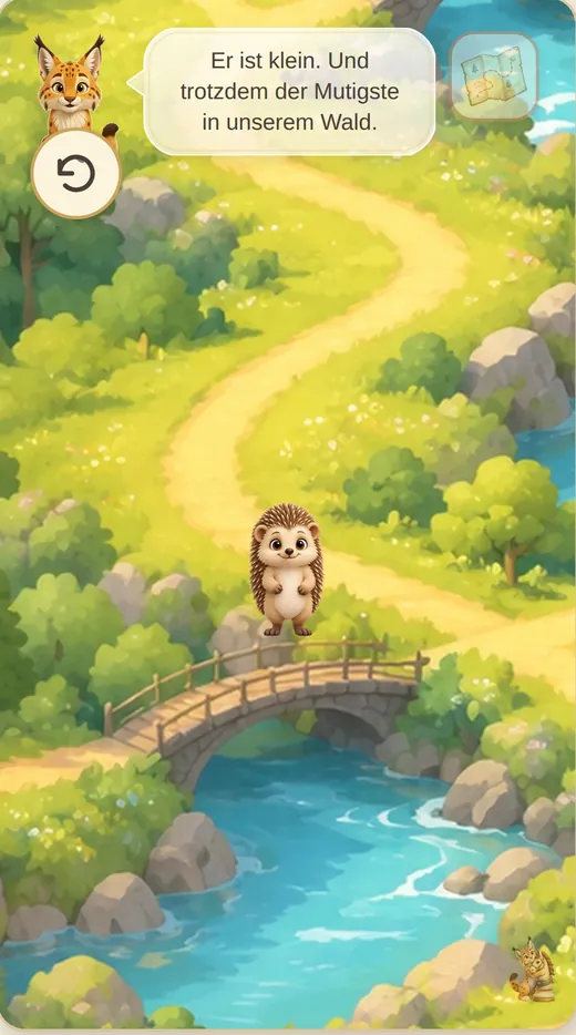 Lux der Luchs spricht mit dem Igel auf einer Brücke im Wald