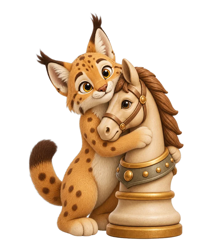 Das ChessLynx-Logo: Lux der Luchs umarmt eine verwandelte Springer-Schachfigur